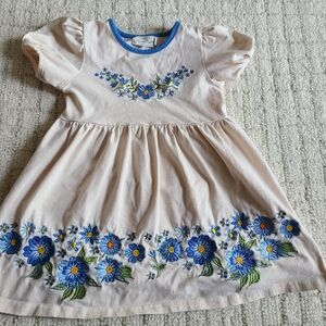 Back To School 3T Toddler Girl Dress Floral Embroidered Kids Dress Cream Blue